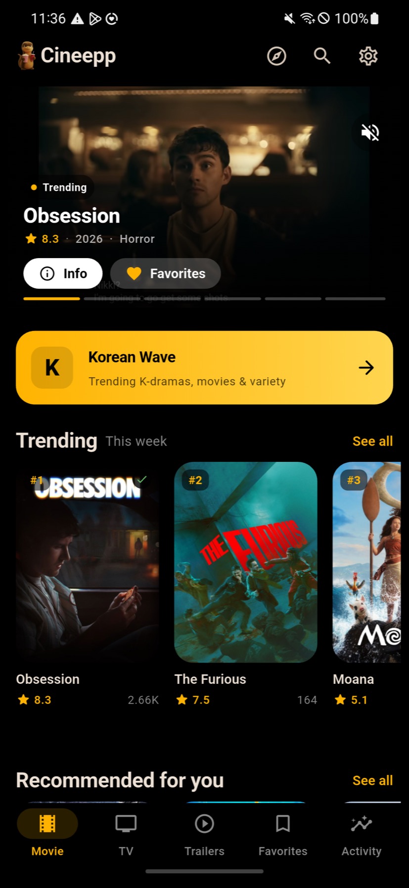 Cineepp home screen with a trending hero, Korean Wave banner and trending movie posters