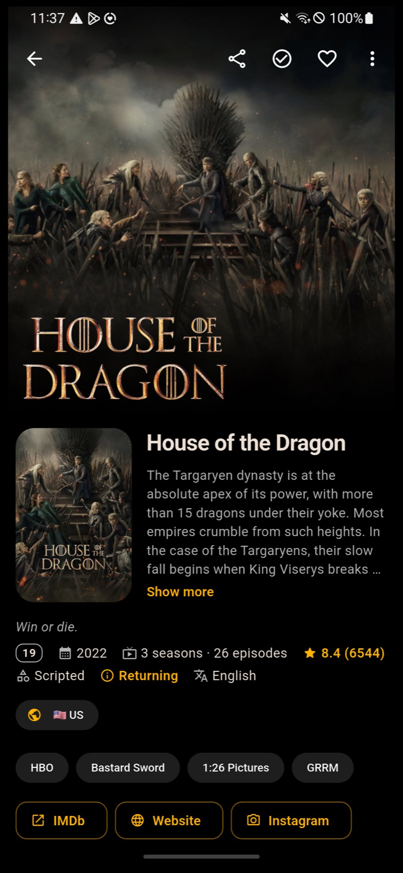 A TV series detail screen in Cineepp showing seasons, episodes and ratings