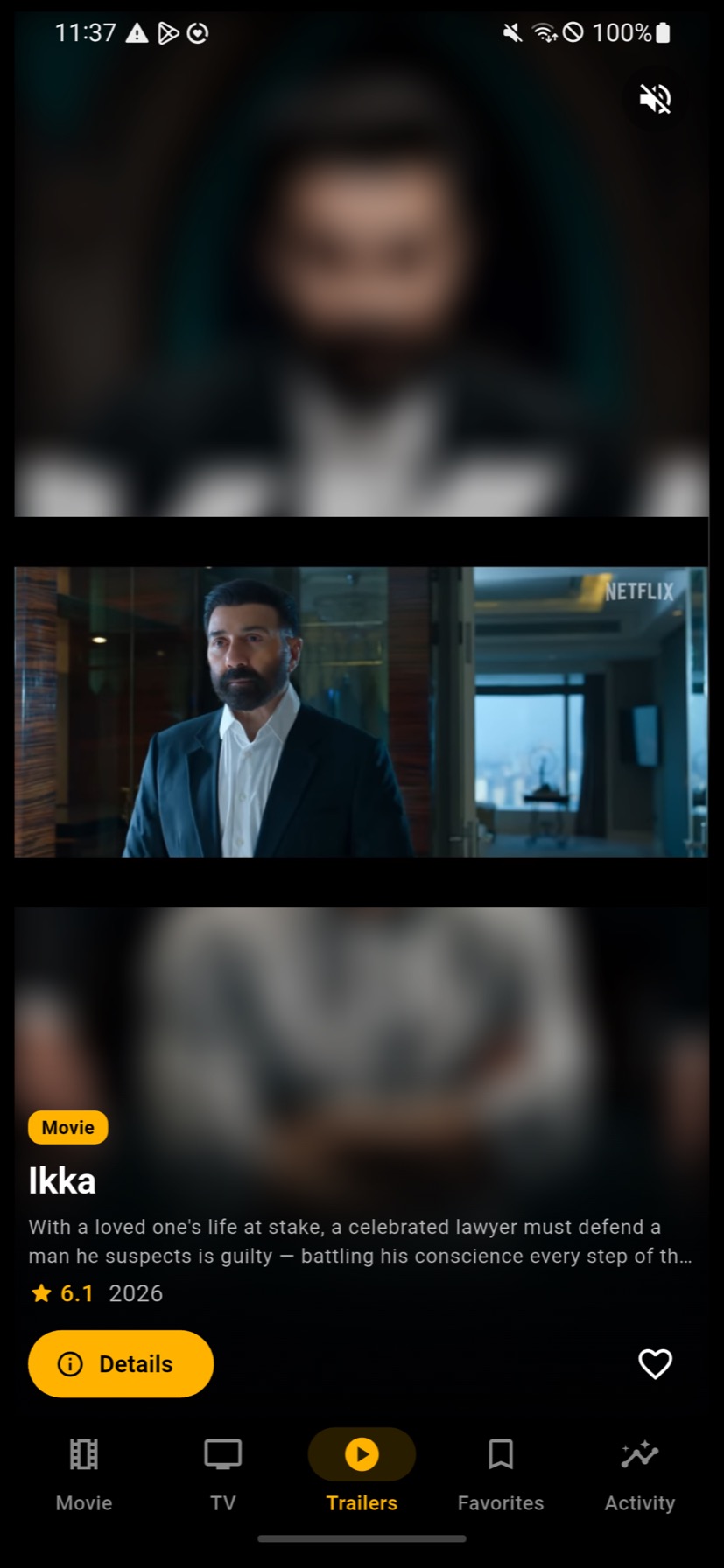 The vertical trailer feed in Cineepp playing a trending movie trailer